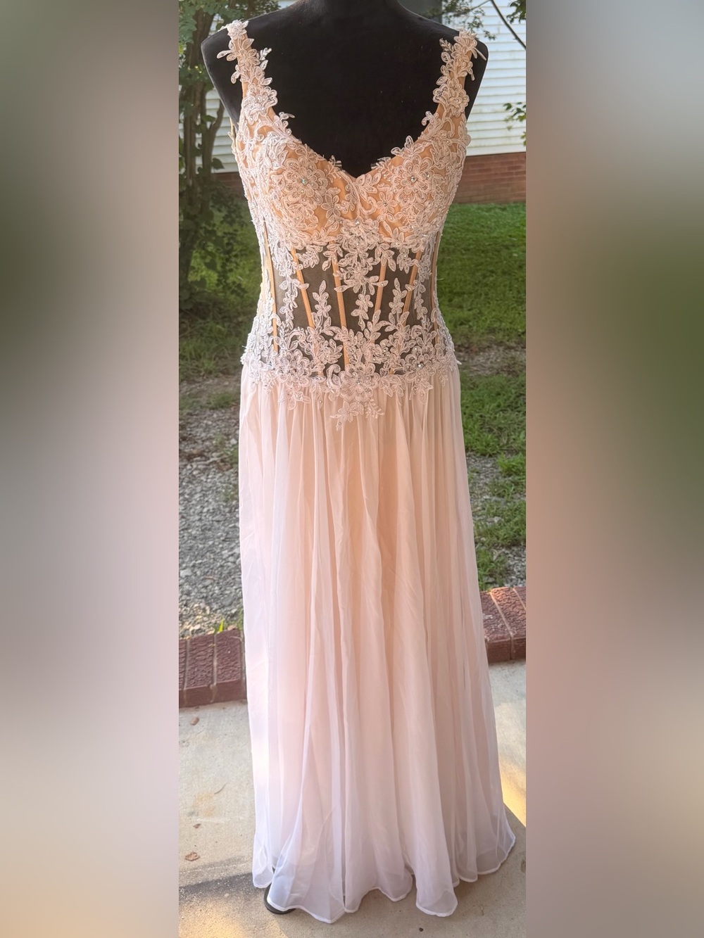 Lace Bodice Chiffon Skirt Formal Gown - Ivory
